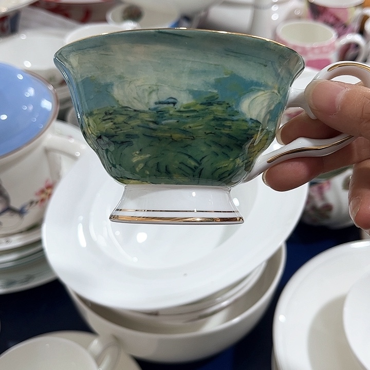 碗骨瓷咖啡杯碟绿色麦田一套