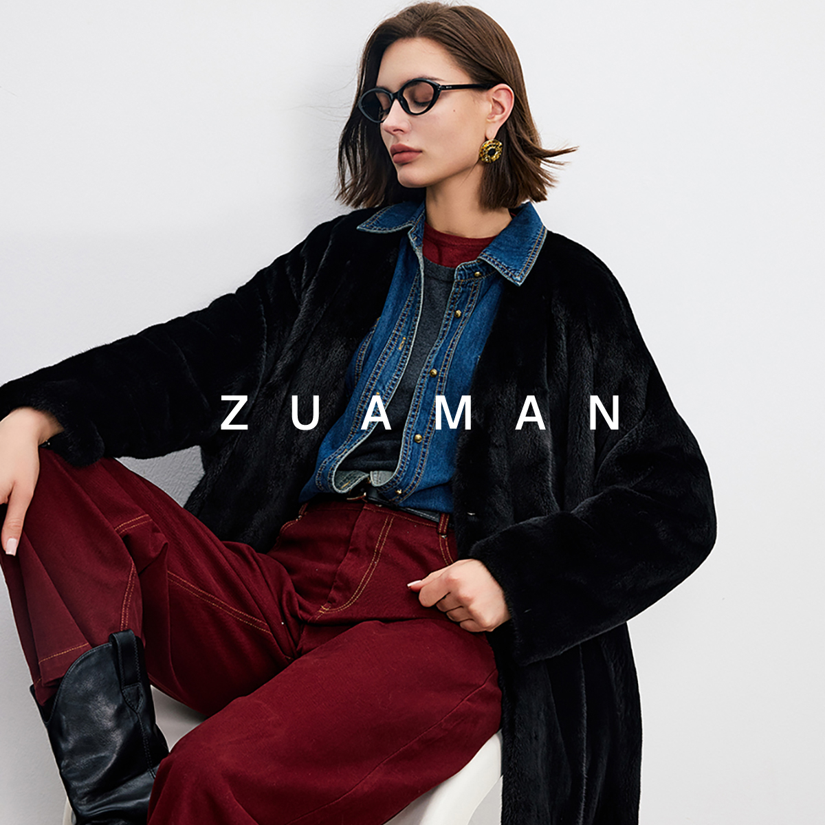 Zuaman/祖阿曼黑翼甄选【巴黎之夜】时尚气质V领带浪中长款 041