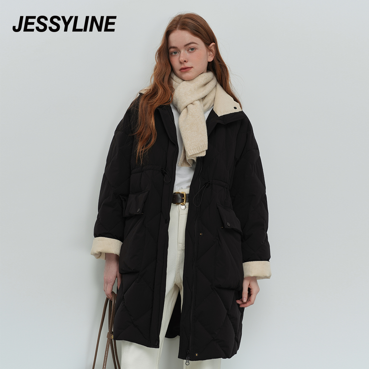 jessyline冬季新款 杰茜莱时尚百搭通勤风中长款黑色羽绒服