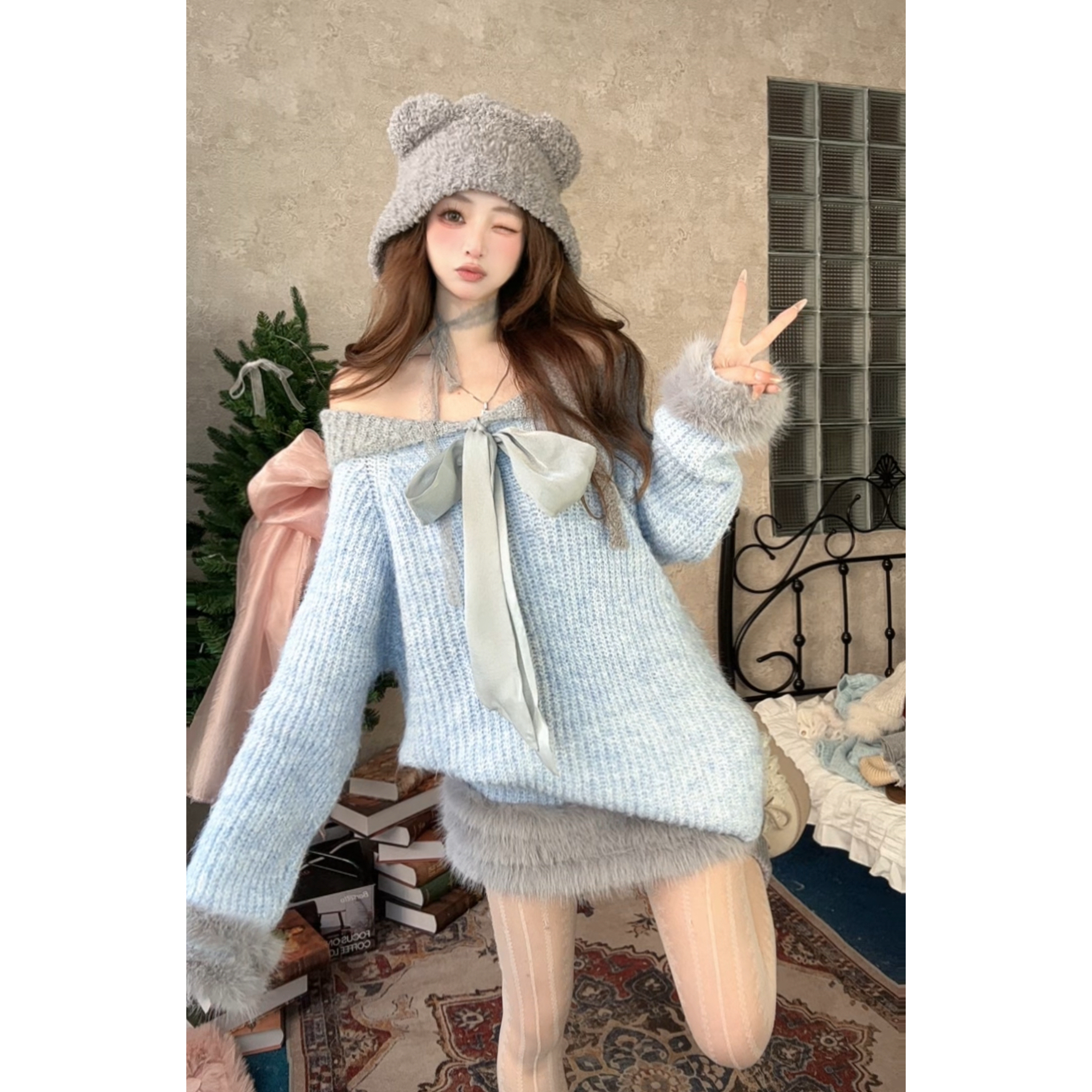 ｛雪域冰川套装｝温柔甜美风蝴蝶结毛衣套装女秋冬款 宽松显瘦百搭