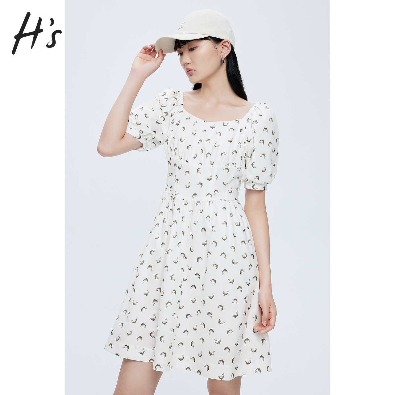 HS白色碎花连衣裙夏季新款女装学院风泡泡袖A字裙方领碎花裙