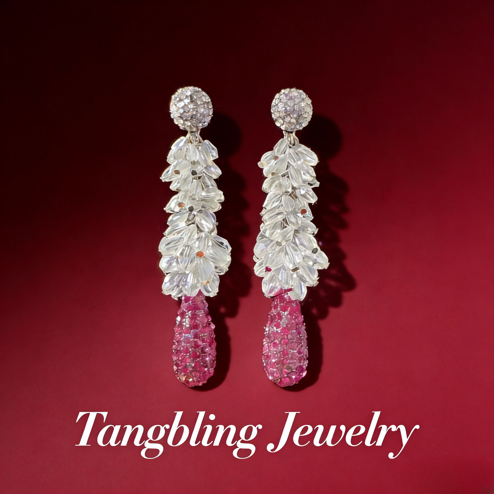 铜合金耳饰 普罗旺斯粉焰 玫红高奢满钻大重工耳饰