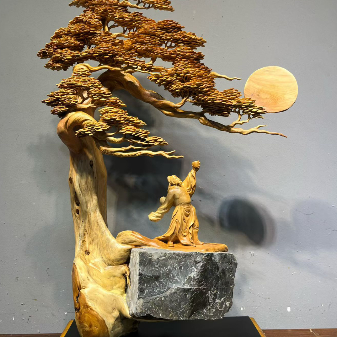 太行崖柏根抱石精雕新品，对酒当歌，规格长58宽28高96