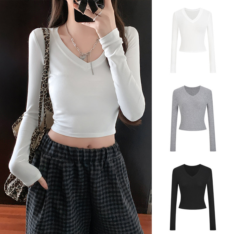 V领短款长袖T恤ins风辣妹韩版修身打底上衣