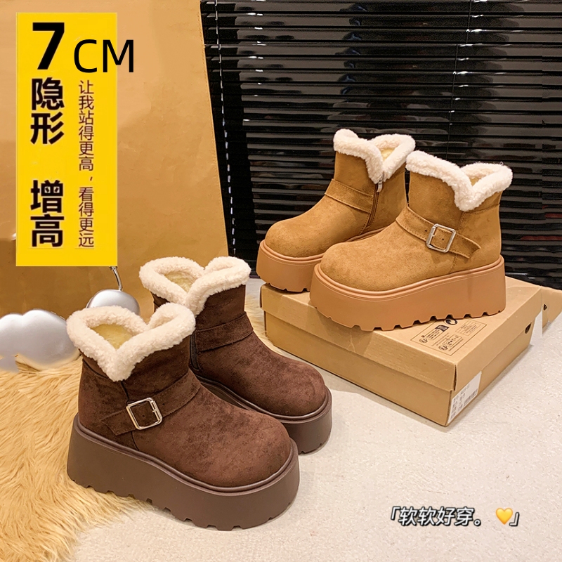 增高7CM厚底保暖雪地靴女冬季加绒加厚东北棉鞋女款皮带扣勃肯鞋