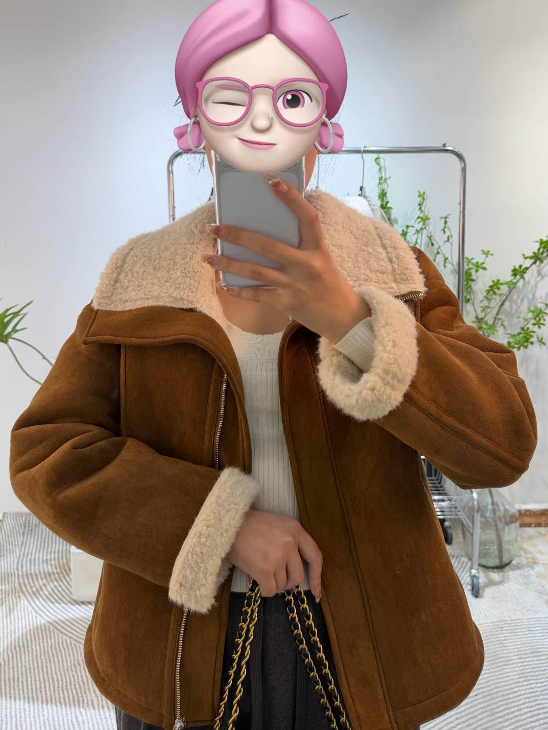 韩系翻领皮毛一体麂皮绒冬款外套