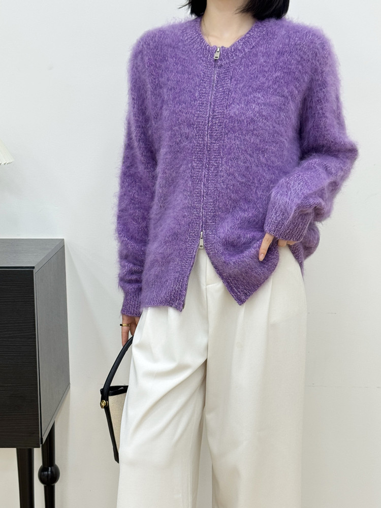 2025爆款拉绒羊毛羊绒针织衫短款女毛衫气质宽松紫色秋冬女士开衫
