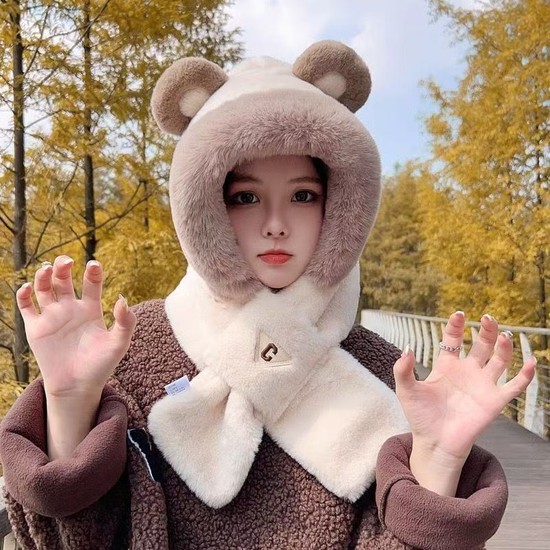 可爱小熊帽子围巾二合一 骑车保暖滑雪帽