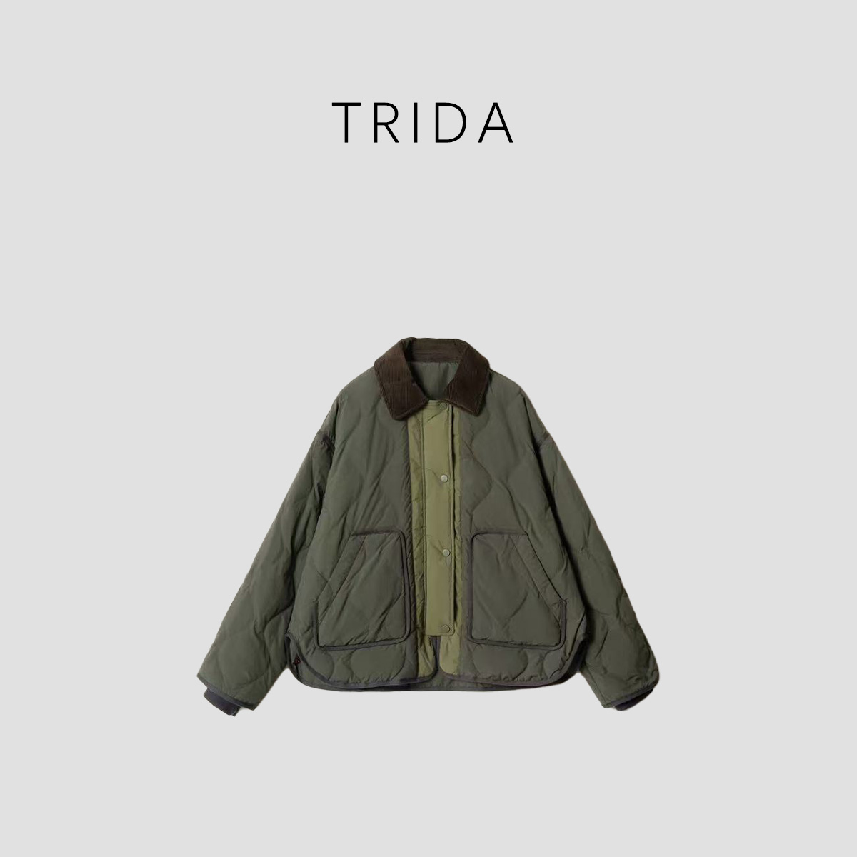 【青黛森野】百搭拼色复古灯芯绒翻领柳桥安心绒绗缝羽绒服256793AX