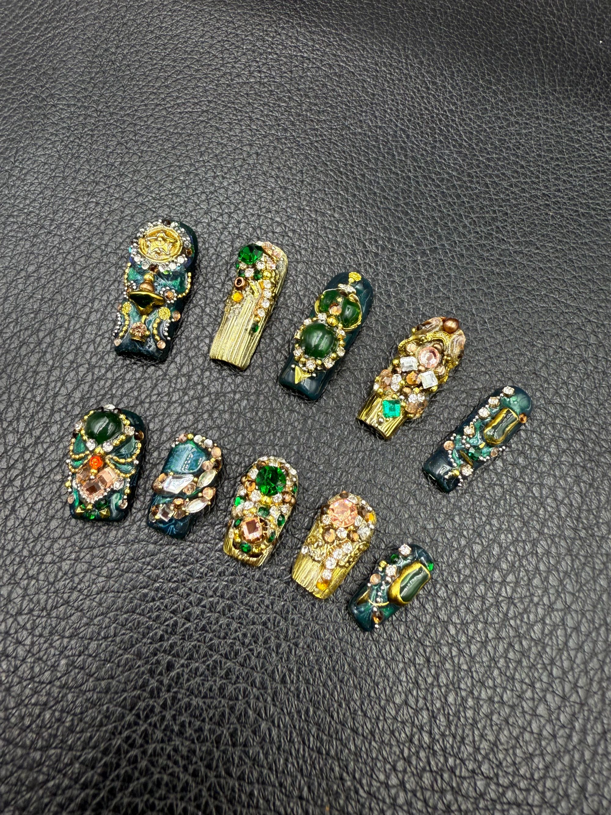 【Dandan出品】金玉流转 纯手工穿戴甲贴片 重工设计私定款