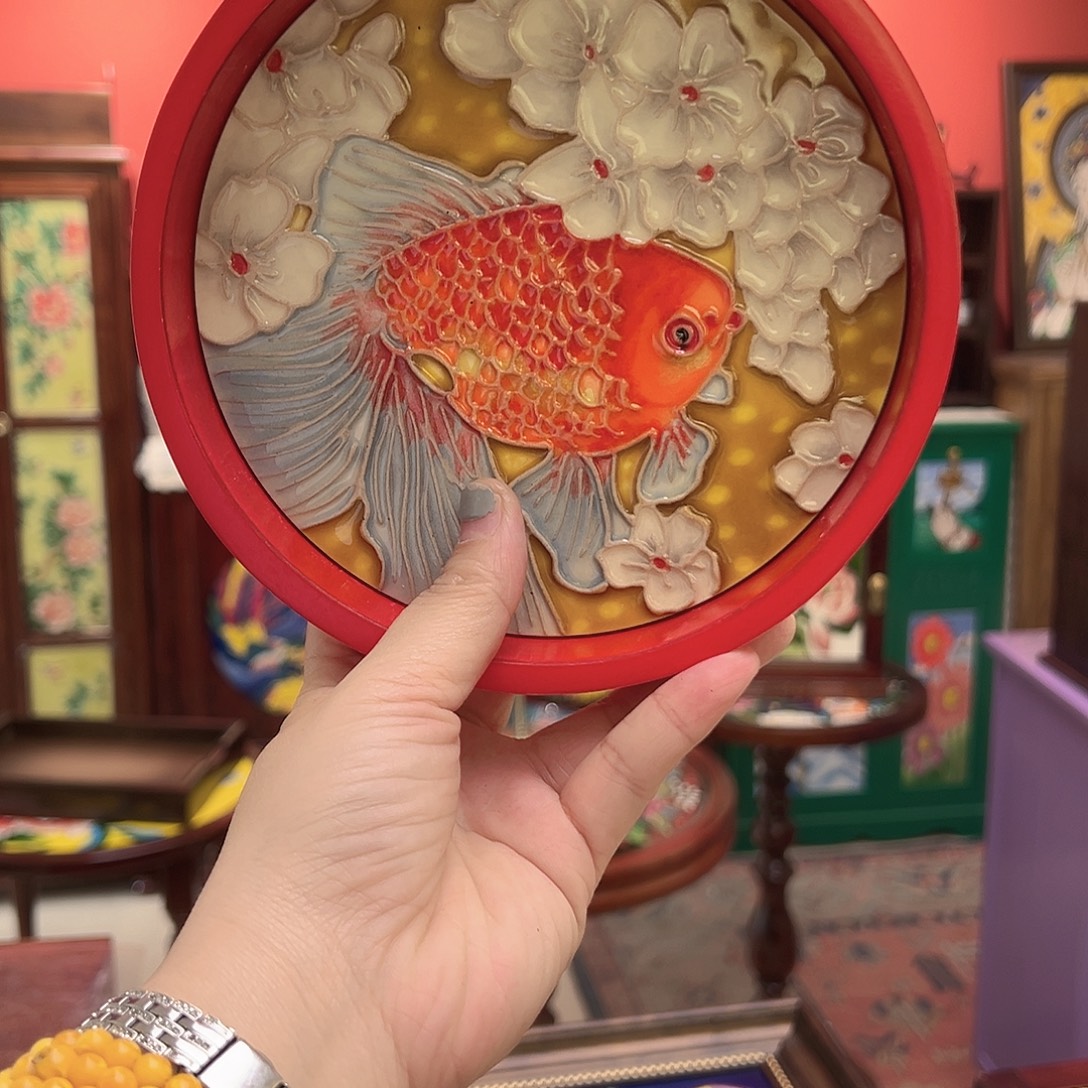 优***玥手工艺品琉璃微瑕红盘小金鱼17尺寸