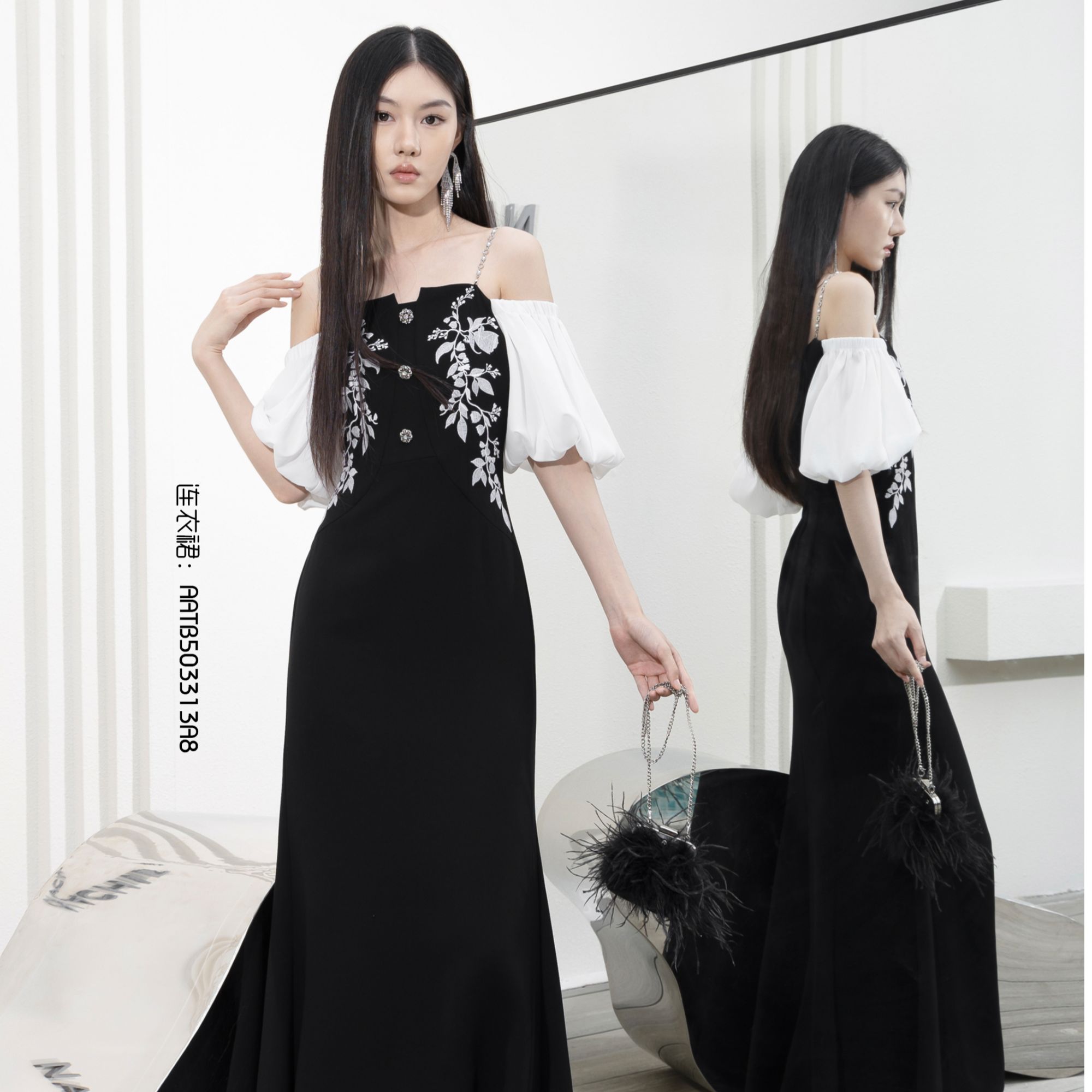 BAISI/百丝连衣裙AATB503313A8黑白气质法式长款