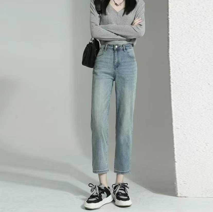 9586【裤长87】刺绣烟管九分牛仔裤女2025早秋高腰修身显瘦直筒