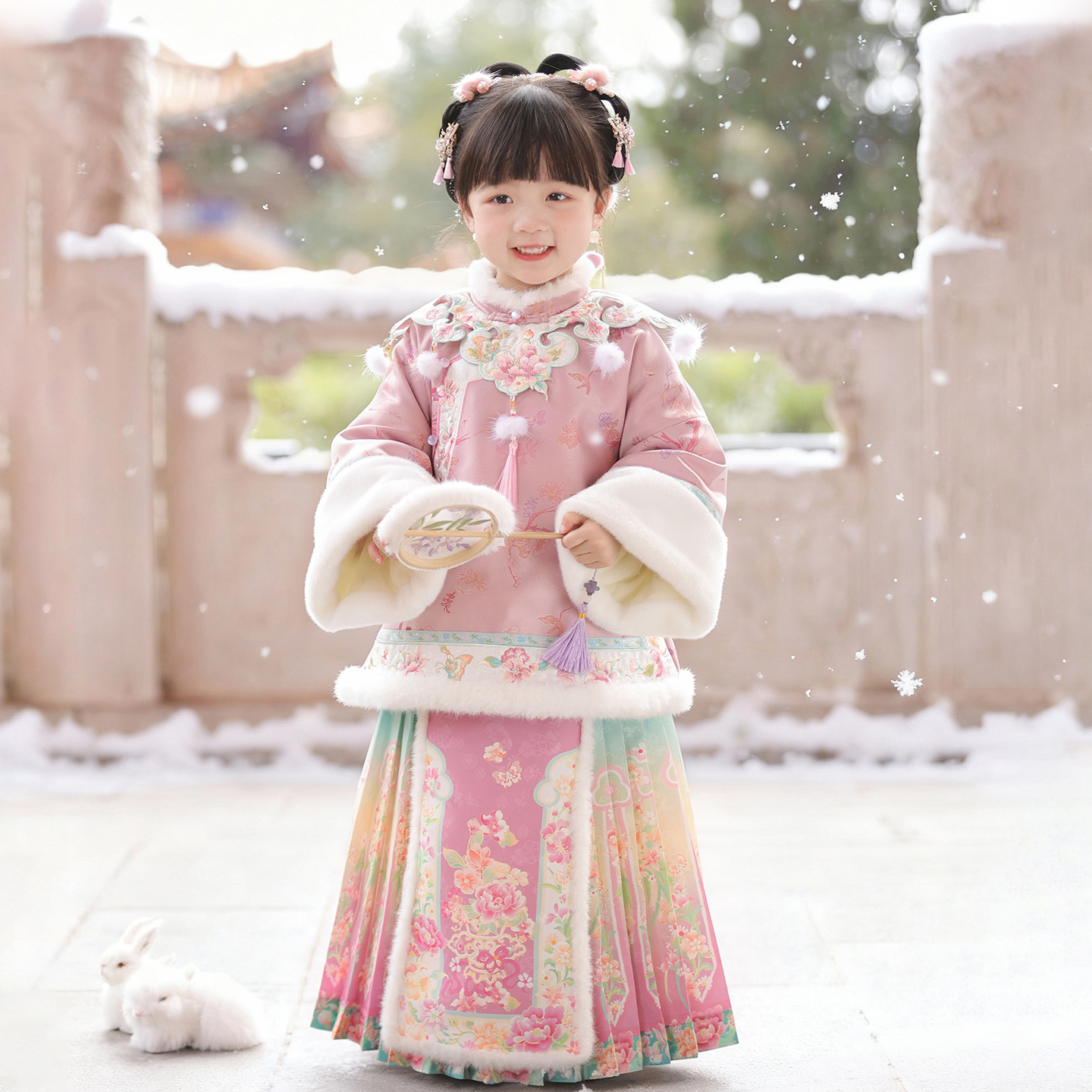 古月家.粉黛 汉服女童冬儿童新中式国风超仙加厚明制马面裙拜年服