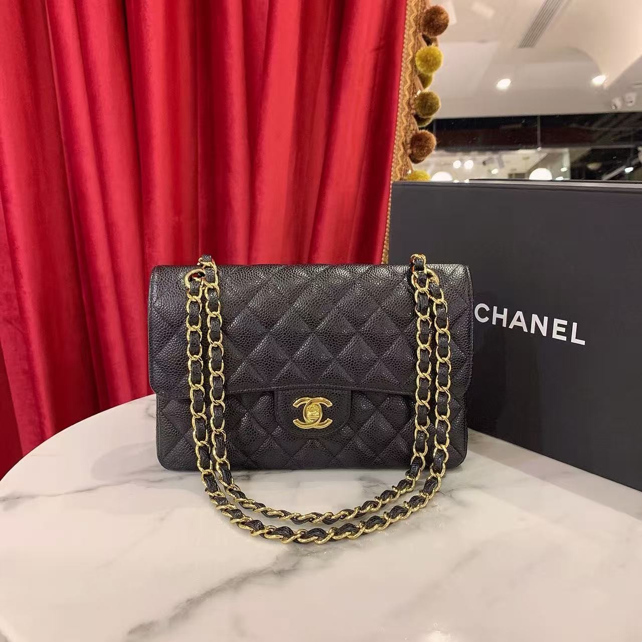 95新 Chanel/香奈儿 cf小号黑金荔枝牛皮28开71085078