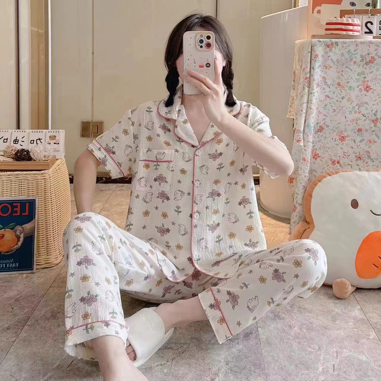 短袖夏季薄款长裤睡衣家居服套装甜美舒适韩版夏天学生透气