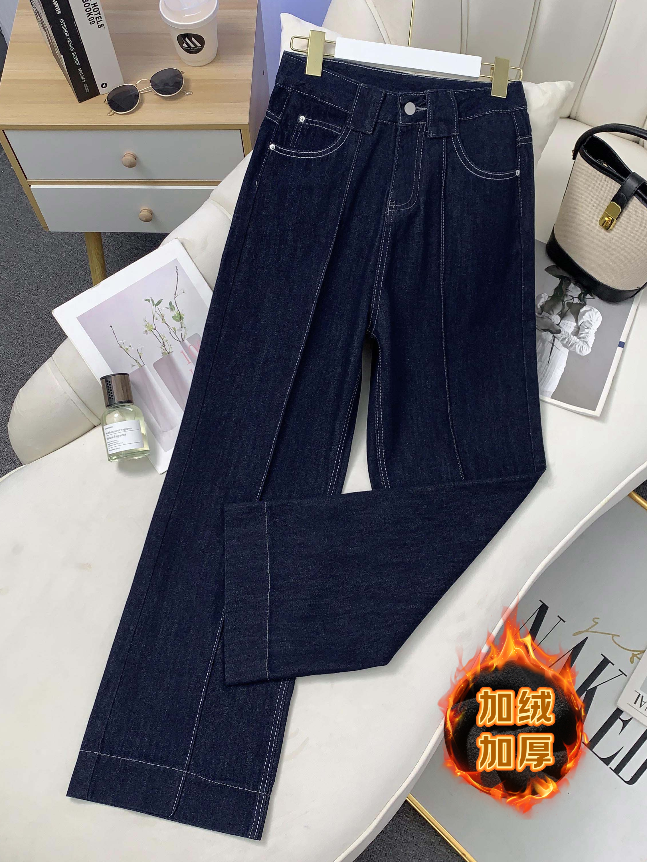 【送腰带】WDY秋冬新款高腰加绒窄版阔腿牛仔裤美腿线小个子8007