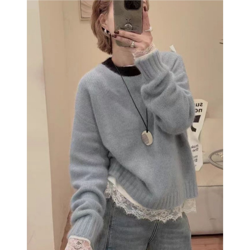 【撞色领口】韩系纯色经典百搭气质撞色圆领加厚毛衣女