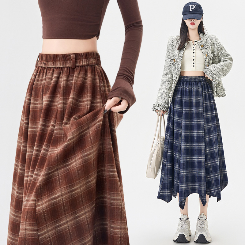 复古格子半身裙女秋冬季小个子显瘦加厚高腰字裙中长款毛呢伞裙