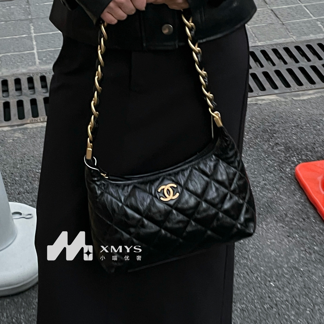 99新 Chanel/香奈儿 黑金油蜡皮粗链条中号hobo单肩包腋下包经典
