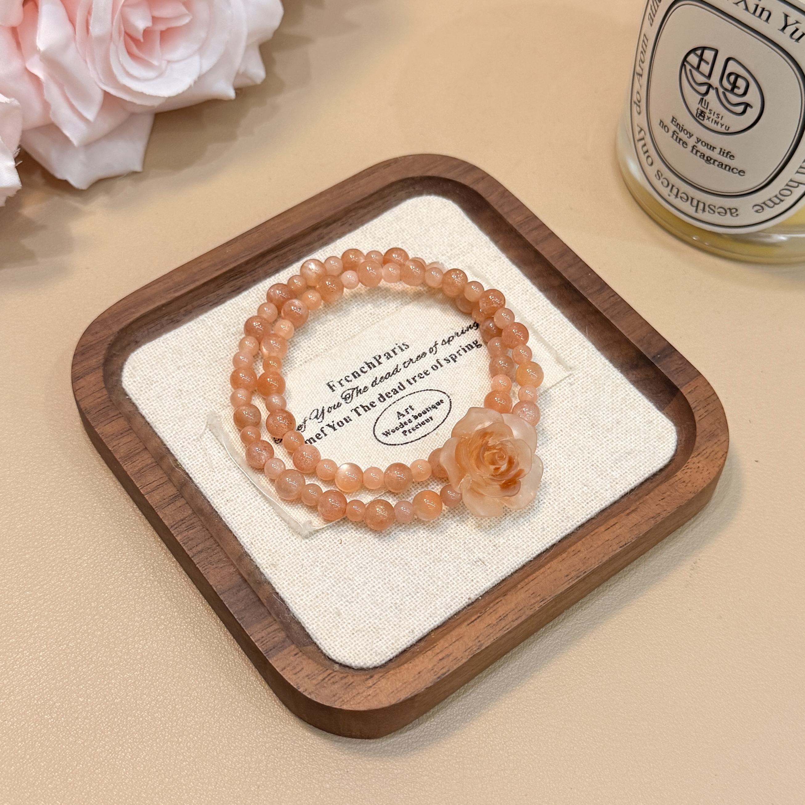 A612天然月光石山茶花双层水晶手串手链