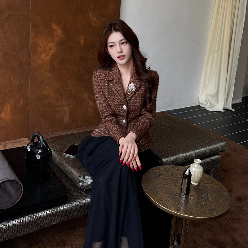 【榛果拿铁】秋冬新款小香风羊毛长袖上衣呢子外套半身裙纱裙套装女