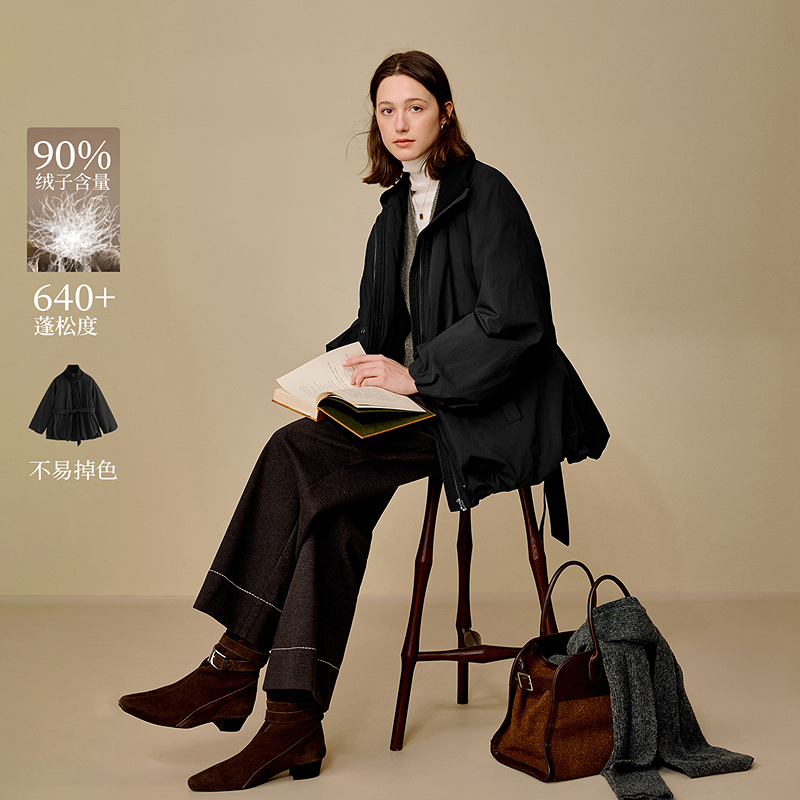 【流光风穿搭】茵曼25冬季花苞拼接针织高领羽绒服灯笼袖保暖外套