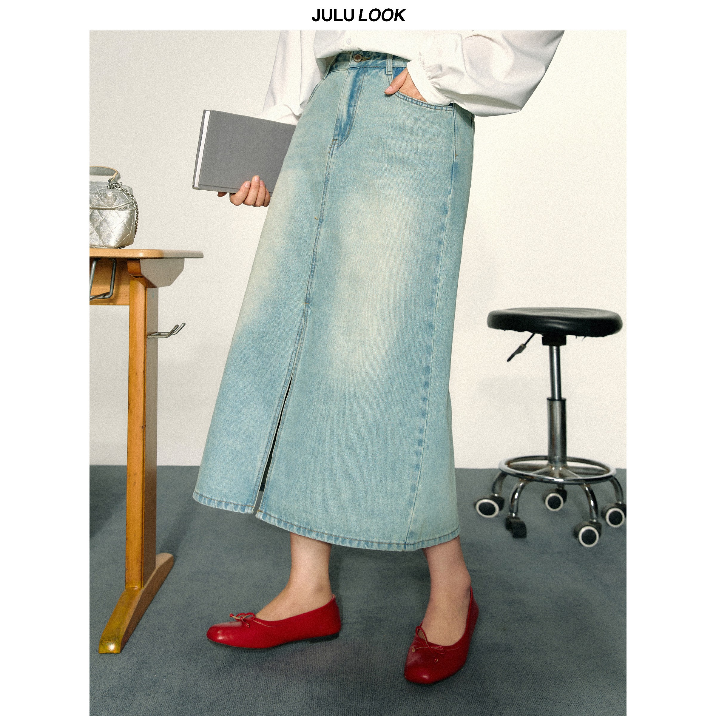 巨鹿工作室“直腿时髦精”微胖mm浅蓝色高腰开叉牛仔裙大码半身裙