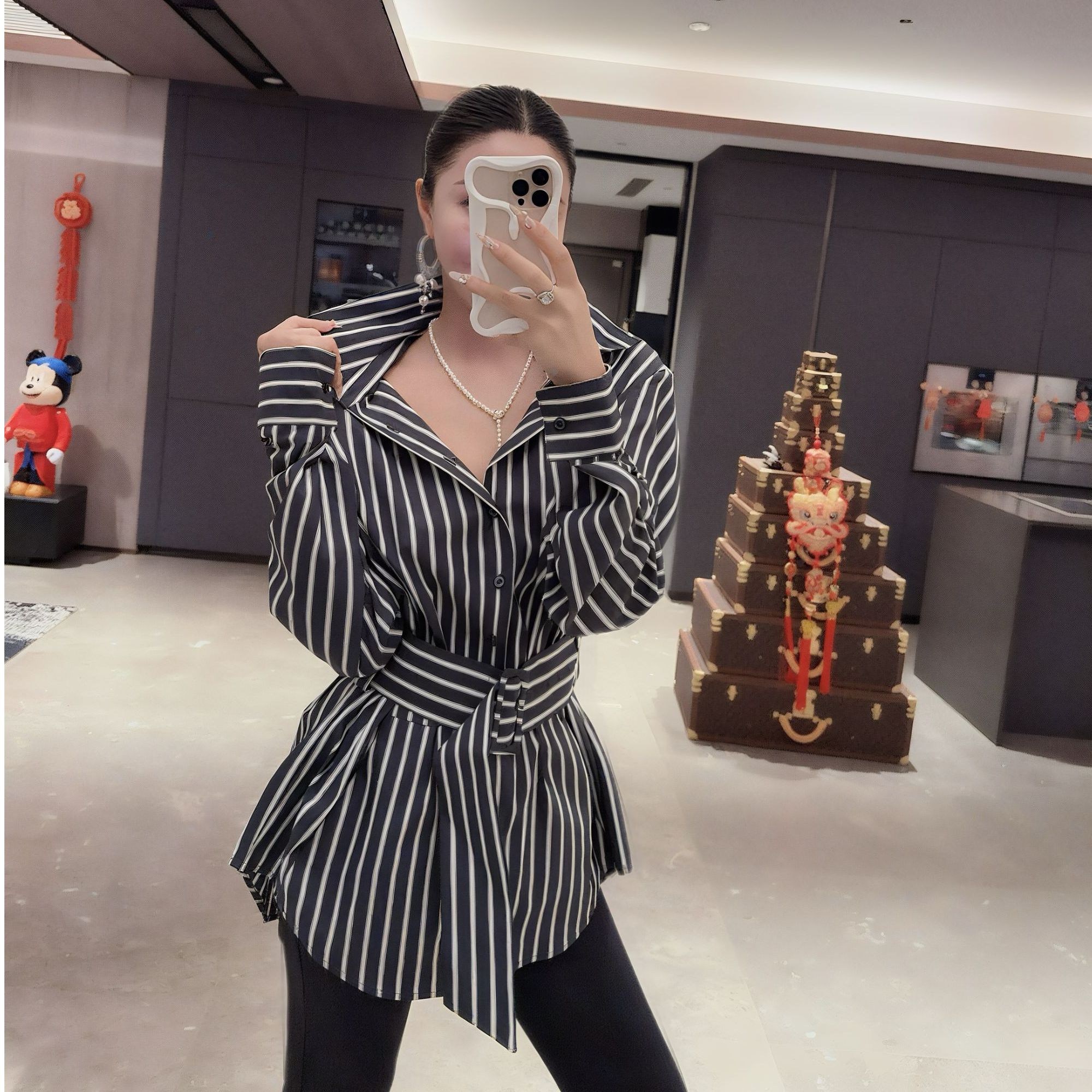 DOUWU【条纹蜜语】黑白两色竖条纹翻领大腰带衬衫裙CSQ13316