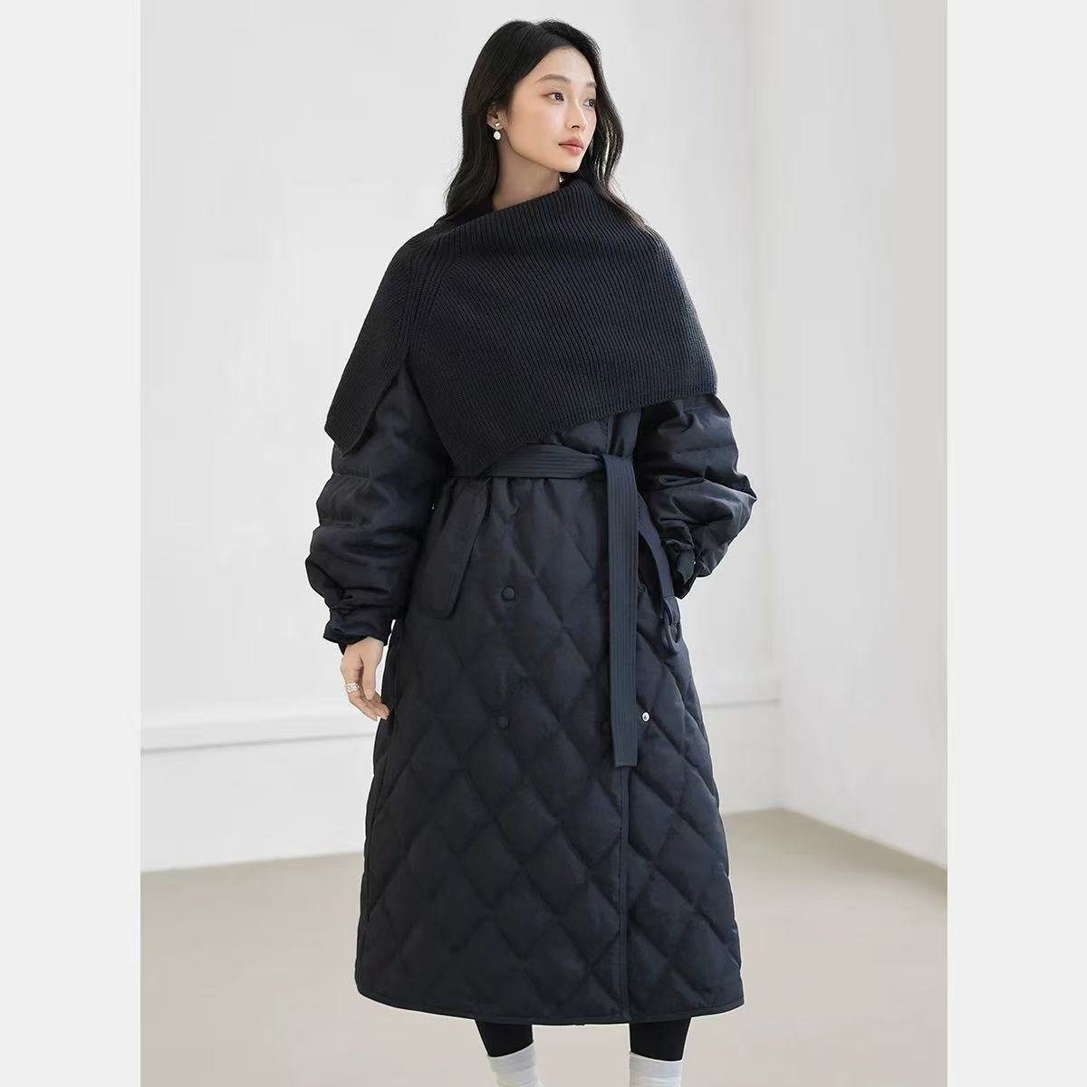 夹棉菱格长款棉服女2025冬新款围巾领外套1805