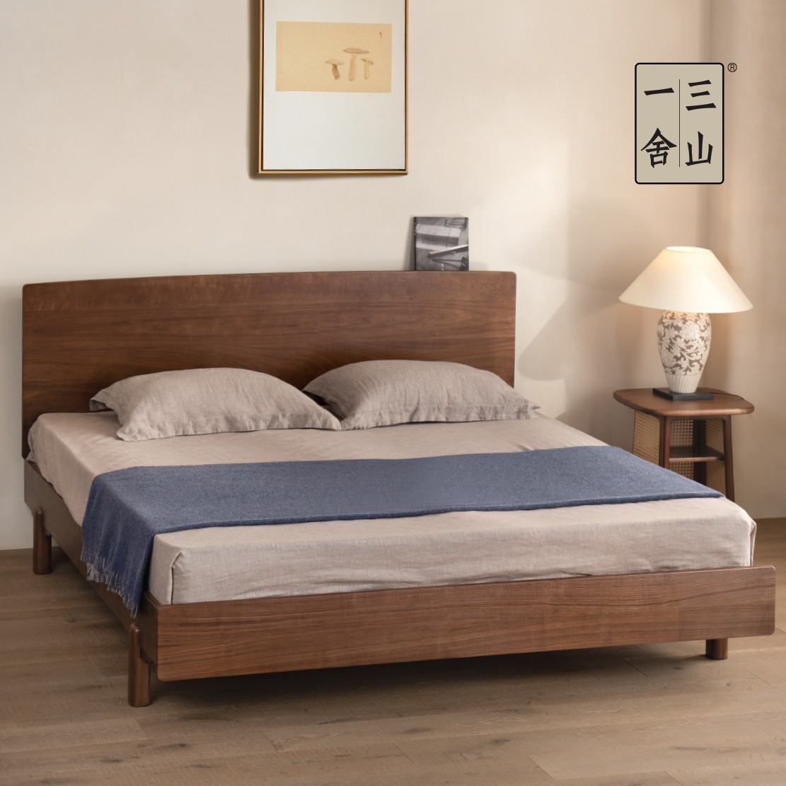 三山一舍黑胡桃木原木实木床双人床家具主卧室大床加厚家用中古风