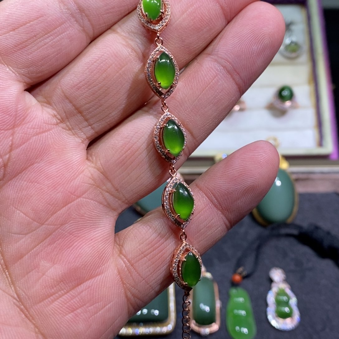 和田玉（碧玉）手链银S925镶嵌香**合