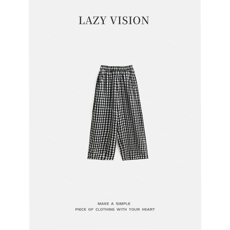 LAZYVISION进口三醋酸经典复古黑白格女士休闲裤ZMD-19350