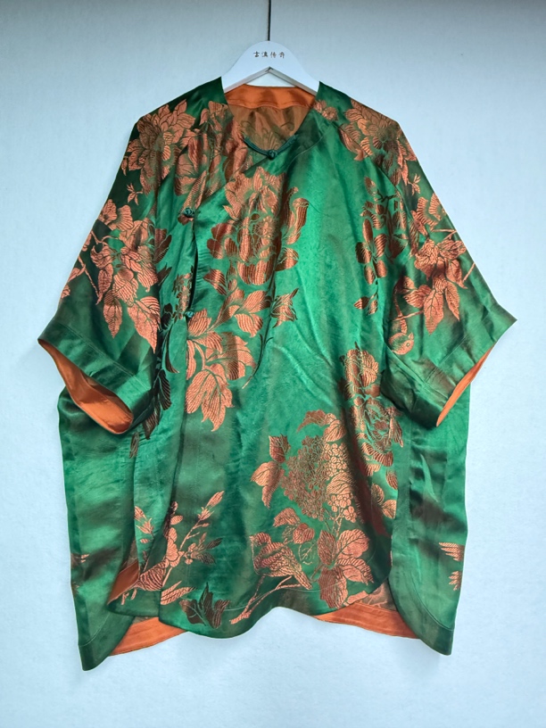 新中式中国风V领拼接女短外套国风复古绿色夏季宽松防晒衣