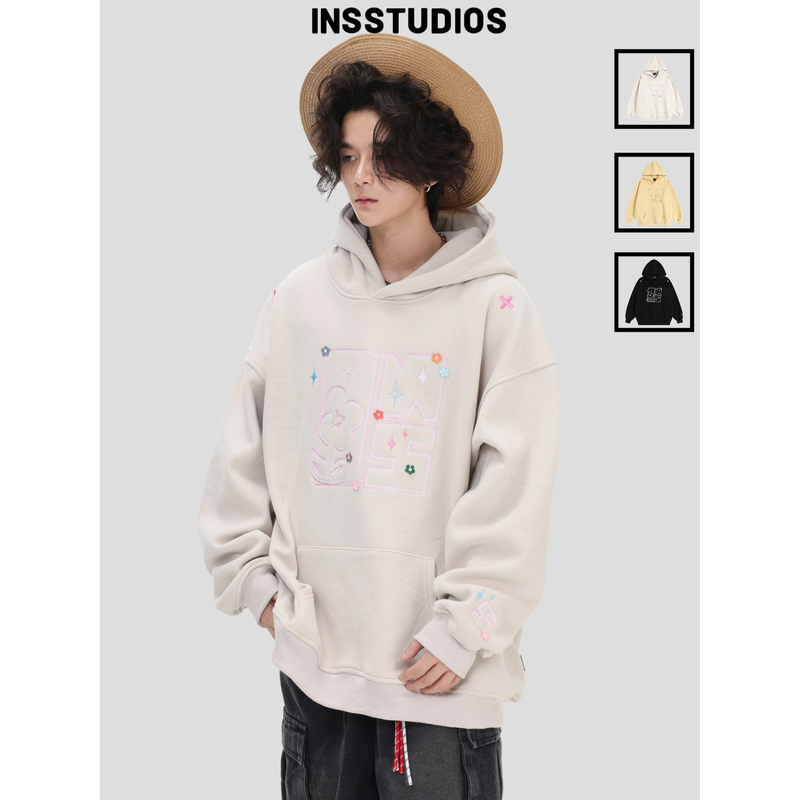 INSstudios 国潮美式「花朵刺绣LOGO连帽卫衣」宽松加绒帽衫上衣