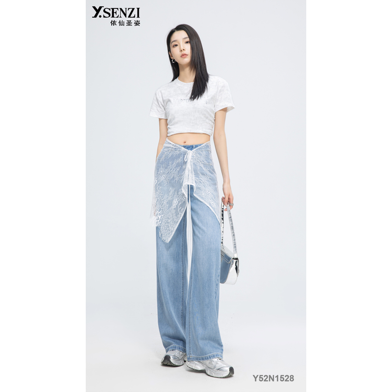 依仙圣姿Y52N1528牛仔裤2025夏季新款高腰弹力显高显瘦窄版直筒裤