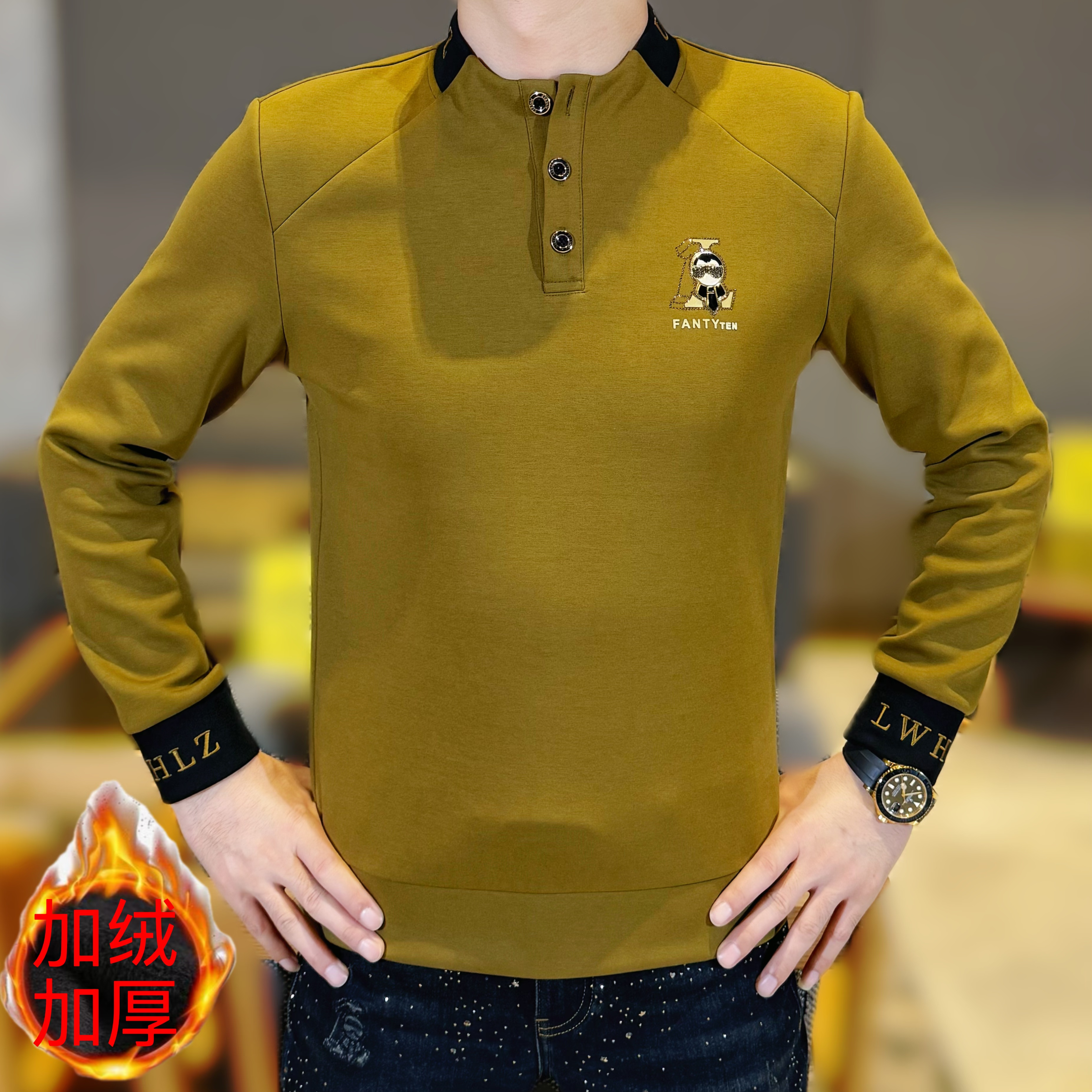 2025秋冬新款小佛爷男士时尚百搭撞色拼接小圆领长袖加绒加厚卫衣