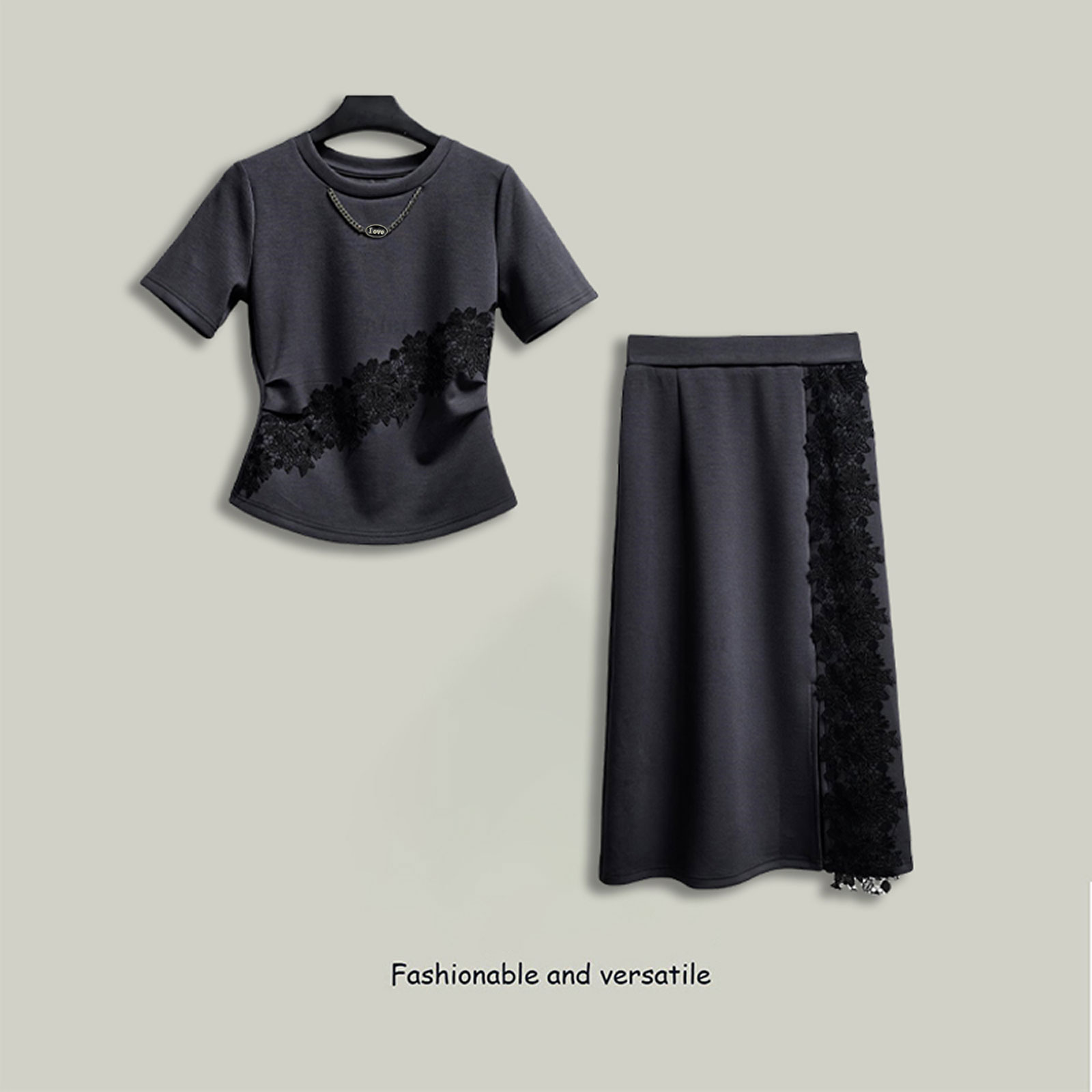 2025夏季新款蕾丝拼接设计感时尚休闲套装女显瘦百搭气质两件套女