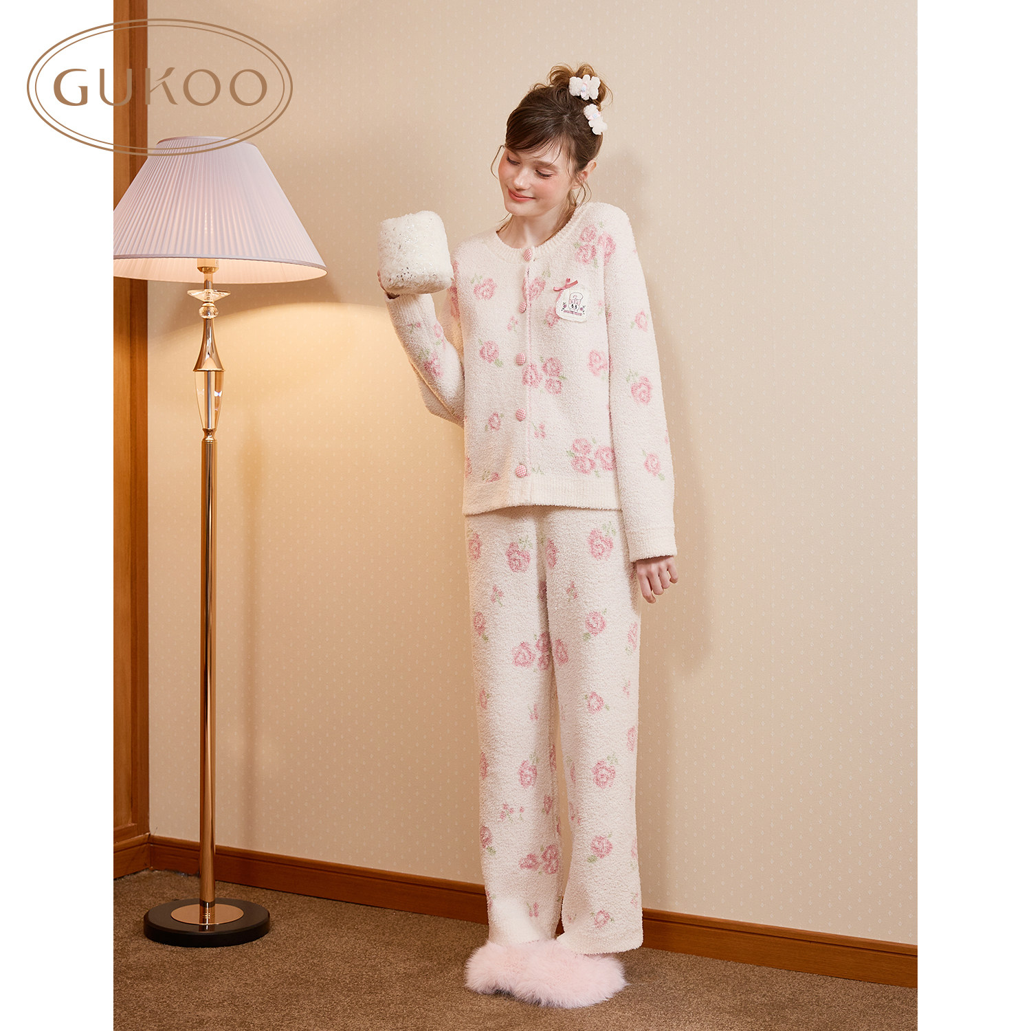 Gukoo/果壳睡衣女冬季半边绒艾丝乐小兔联名2026新款家居服套装D