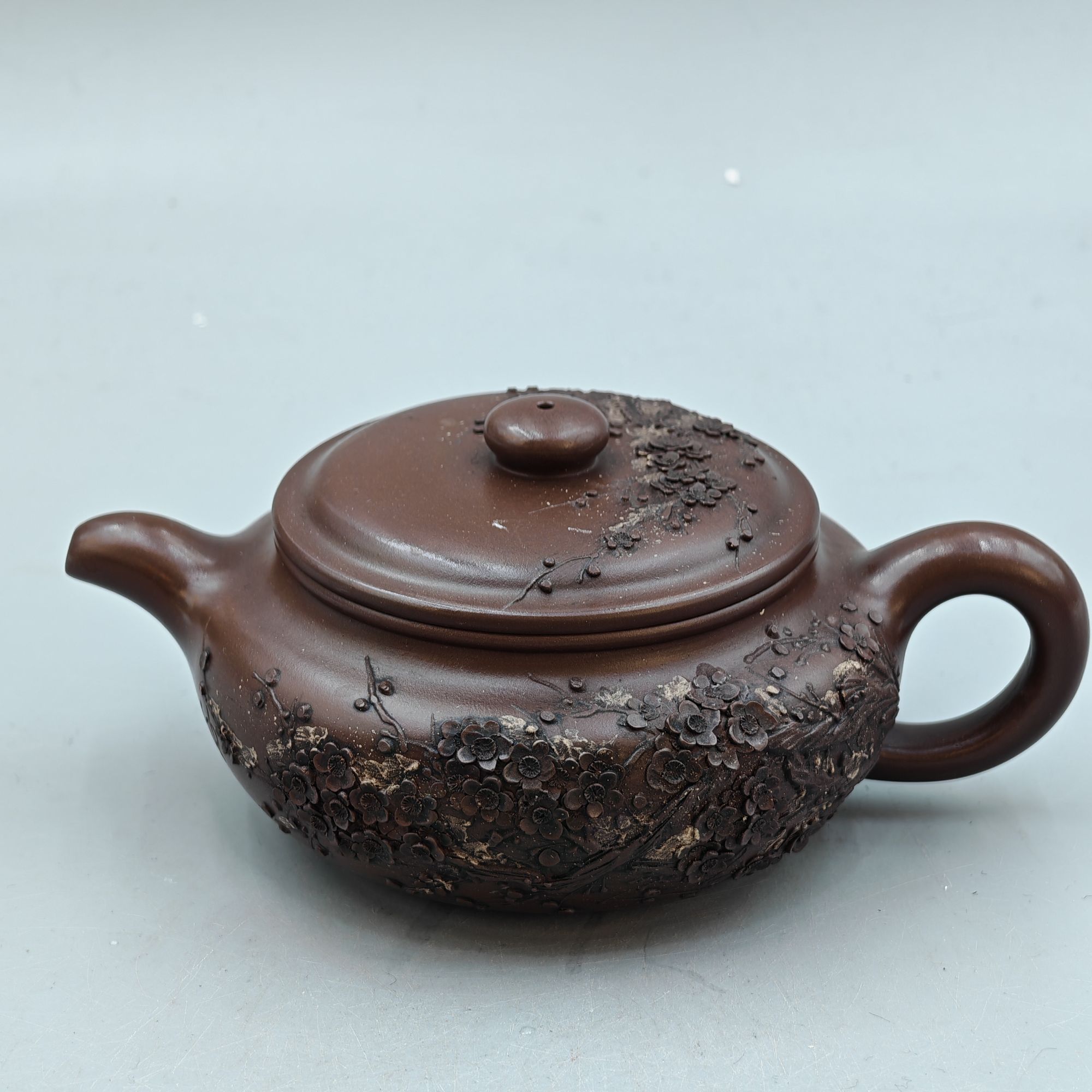 顾洪方- 梅影扁腹（谢稚柳 顾景舟）景舟手磨紫泥 400cc 紫砂茶壶