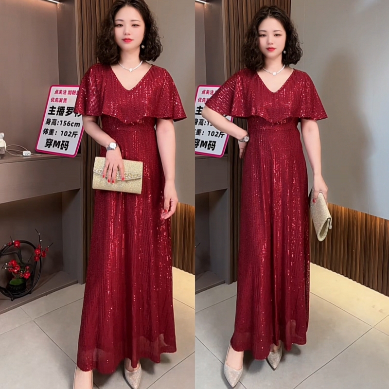 （130裙长）长款遮肚子连衣裙连衣裙礼服夏季宴会时尚酒红色敬酒服