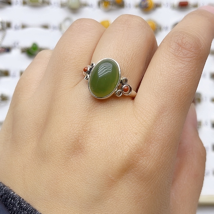 和田玉戒指银S925镶嵌天然