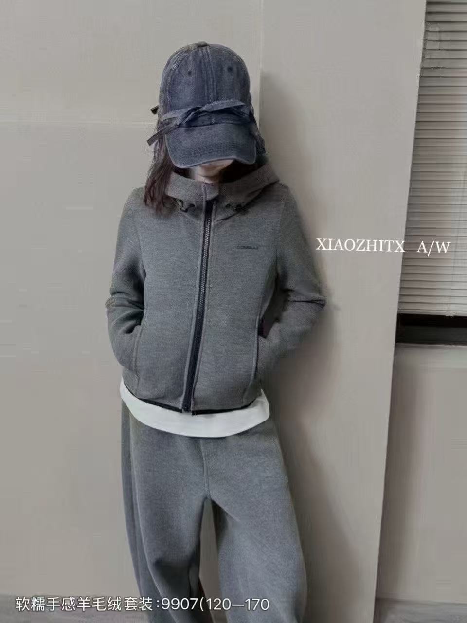 字母女休闲风拉链常规款韩版套装加绒洋气连帽大童