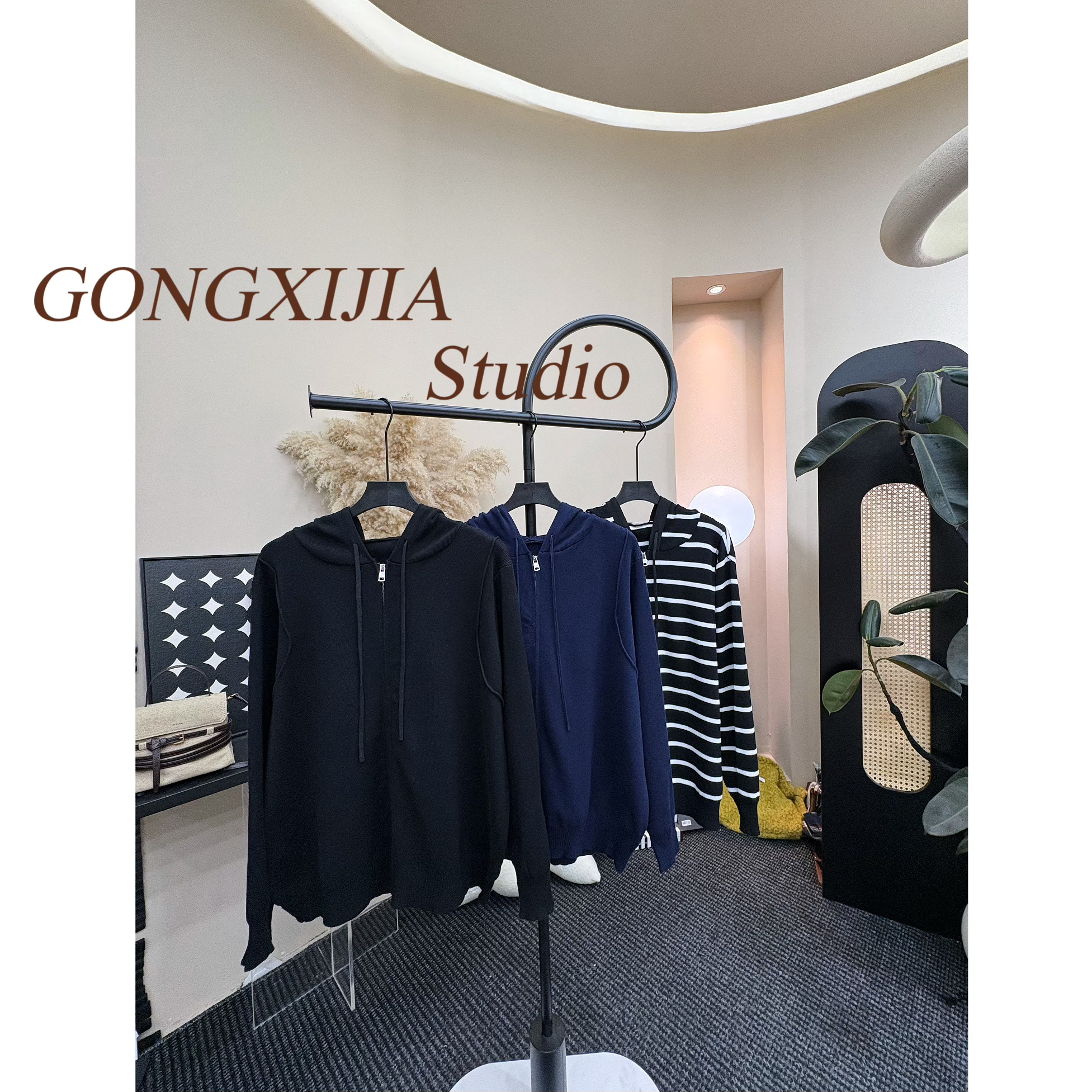「Gong喜」大码正肩连帽百搭拉链针织衫秋冬加绒上衣