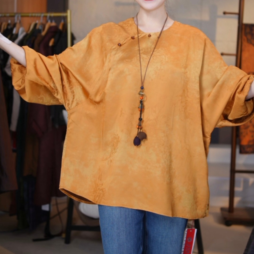 【牡丹佳人-黄色】高端新中式国风老料圆领长袖秋季斜襟上衣