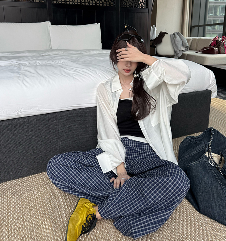 新款阔腿裤宽松高腰百搭加绒格子裤子男女直筒家居裤男女长裤K01