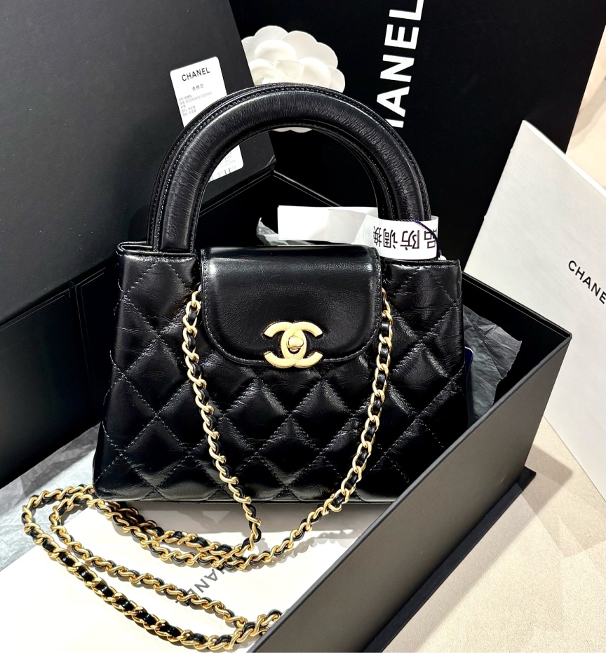 99新 Chanel/香奈儿 黑金 Kelly 亮面牛皮芯片款99新/0538