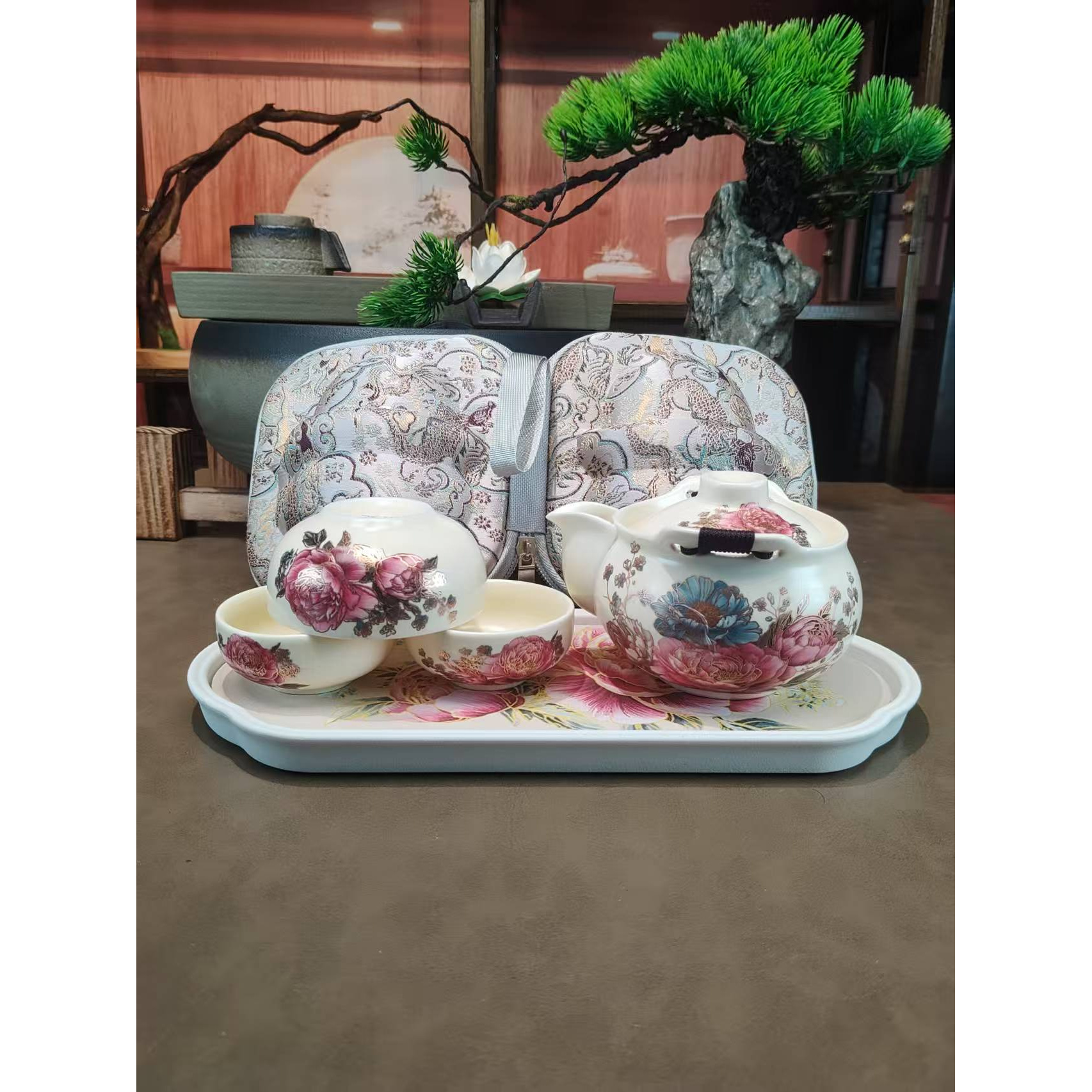 黄汝牡丹手抓旅行茶具+牡丹茶盘T020