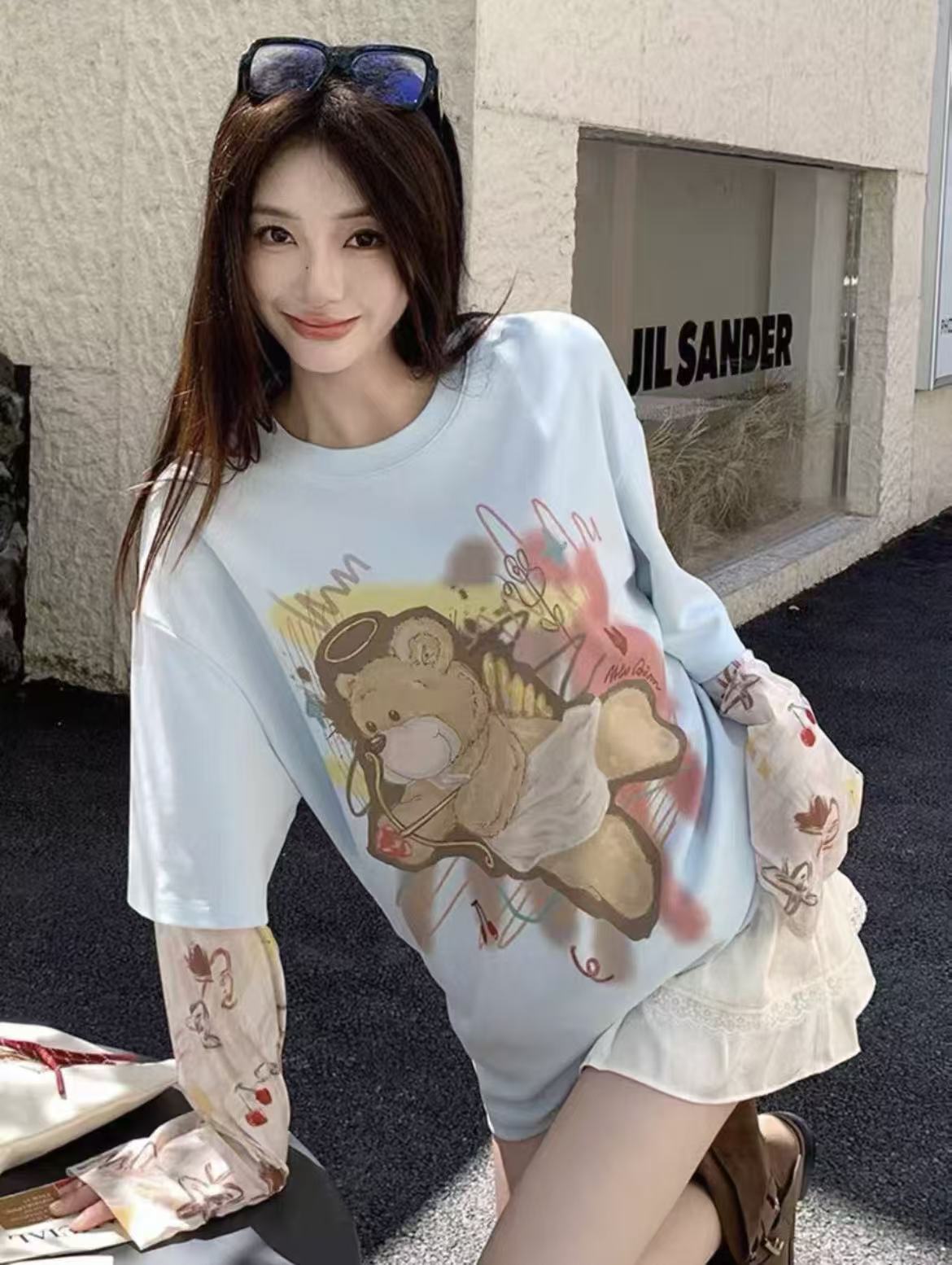 【天之骄子】秋季新款丘比特小熊印花假两件T恤女宽松百搭打底(306)