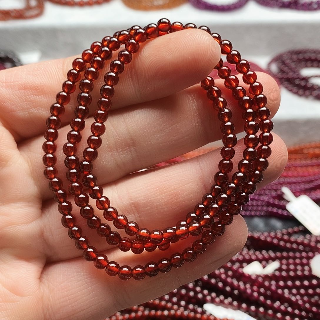 石榴石手链未镶嵌4mm精品橙红石榴石三圈